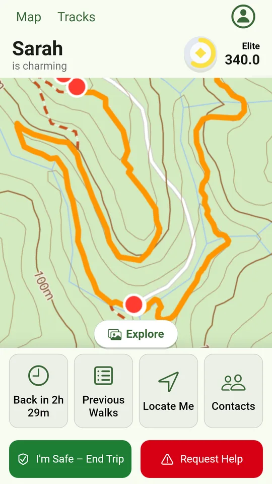FriendsFindMe app: A trip under way: the time until you are due back, I'm Safe and Request Help